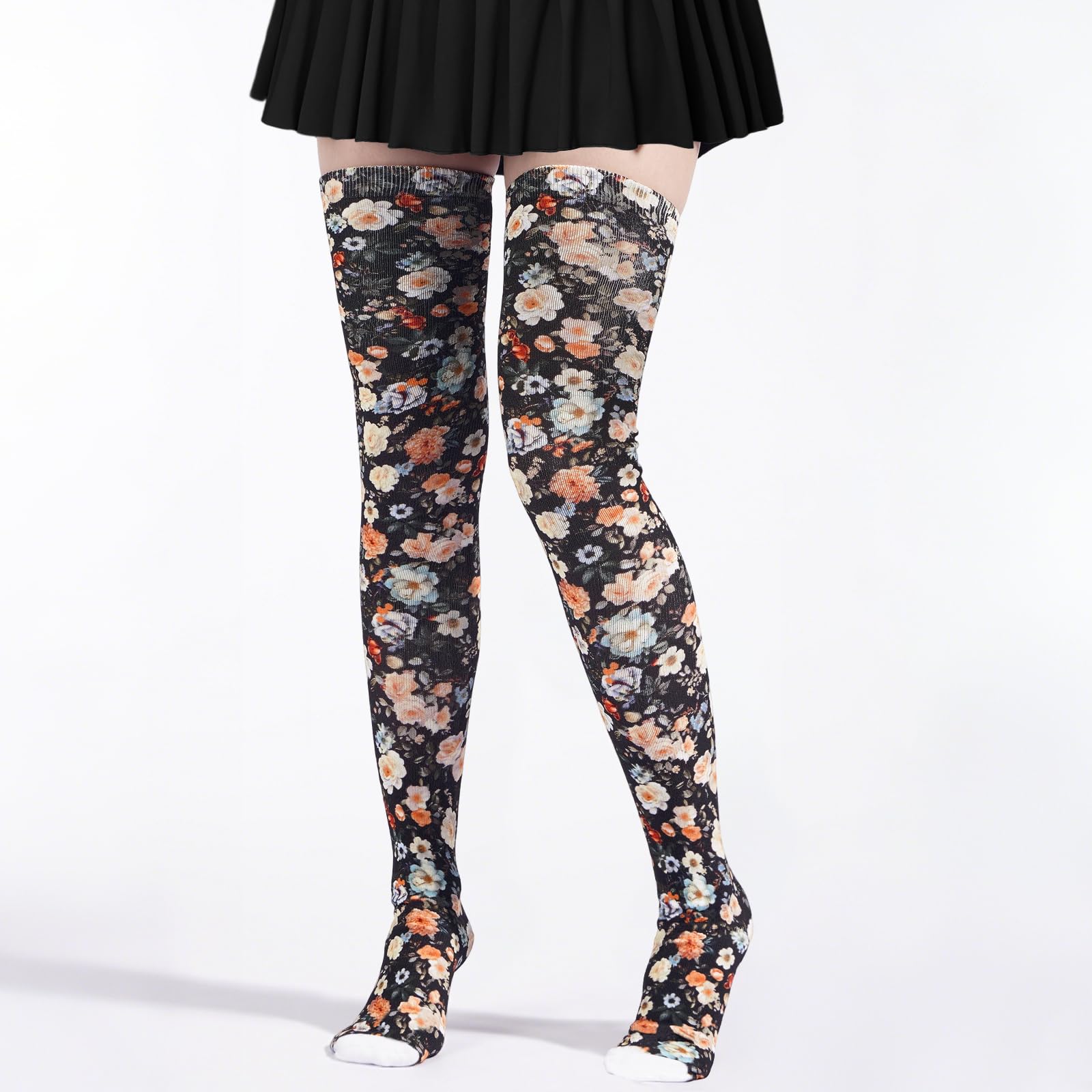 Women's Thigh High Socks Warm Soft - Noir Blooms-Moon Wood
