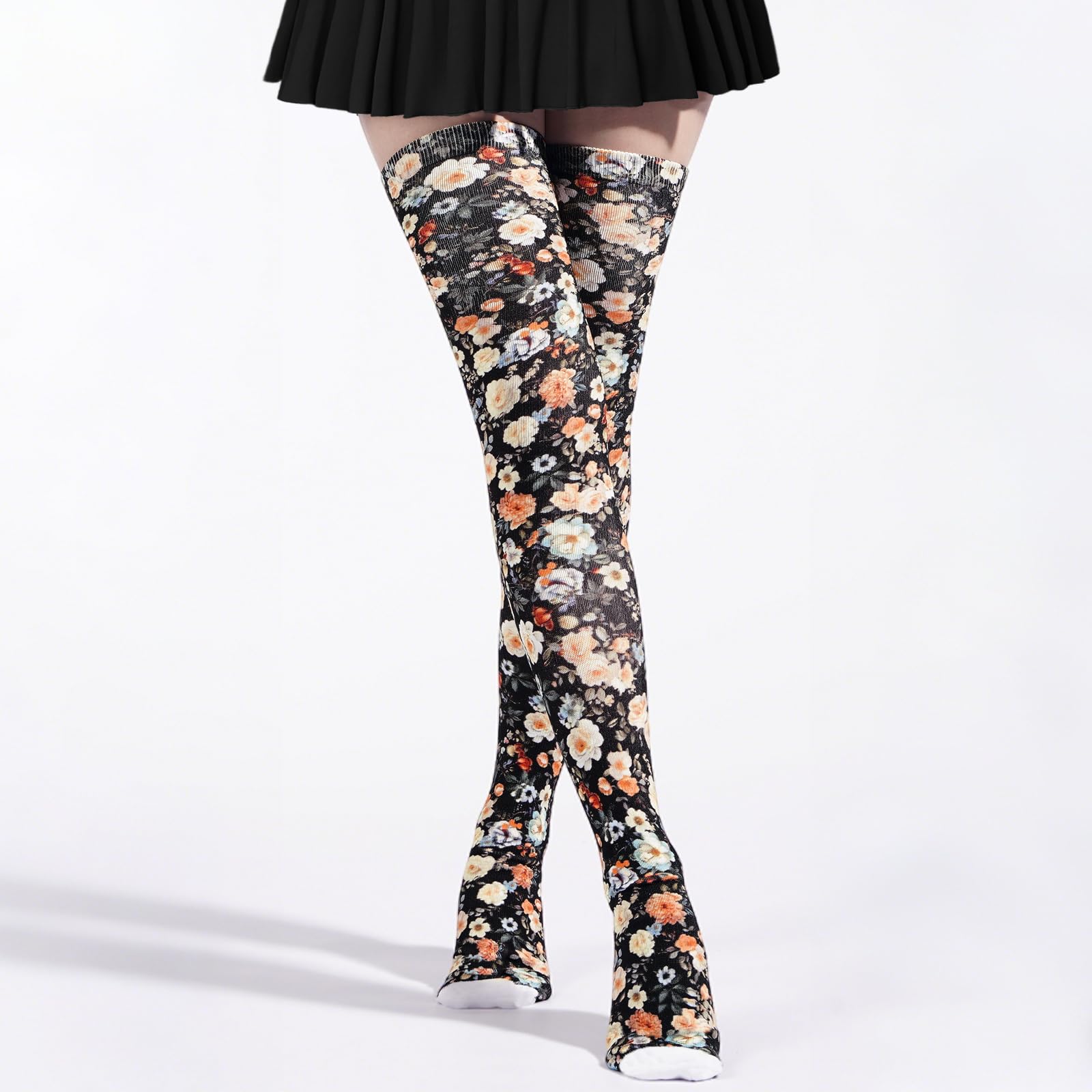 Women's Thigh High Socks Warm Soft - Noir Blooms-Moon Wood