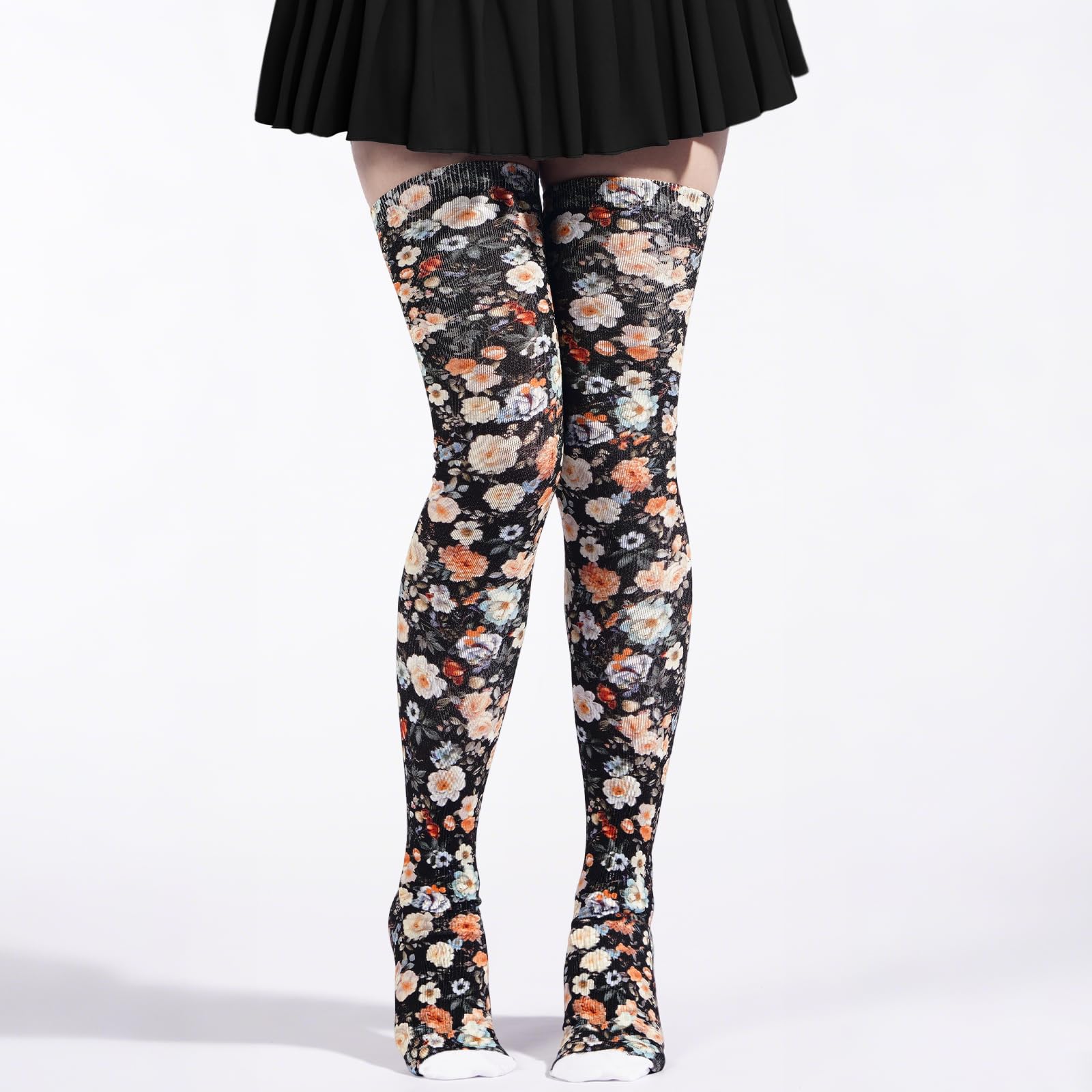 Women's Thigh High Socks Warm Soft - Noir Blooms-Moon Wood