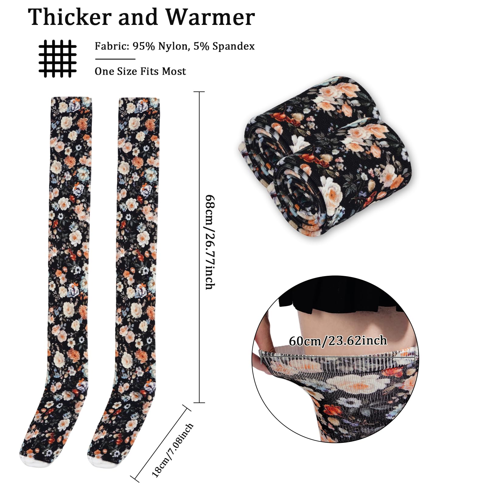 Women's Thigh High Socks Warm Soft - Noir Blooms-Moon Wood