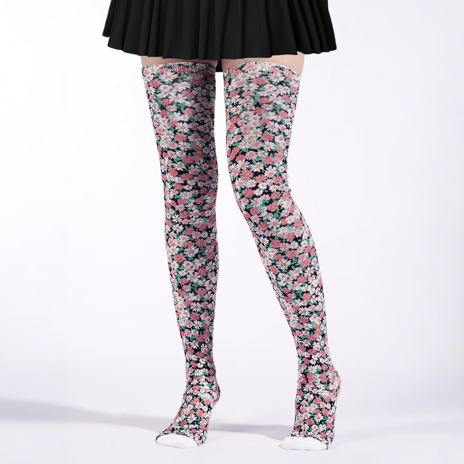 Women's Thigh High Socks Warm Soft - Noir Daisies-Moon Wood