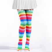 Rainbow striped thigh-high socks with multicolor bands and ribbed top