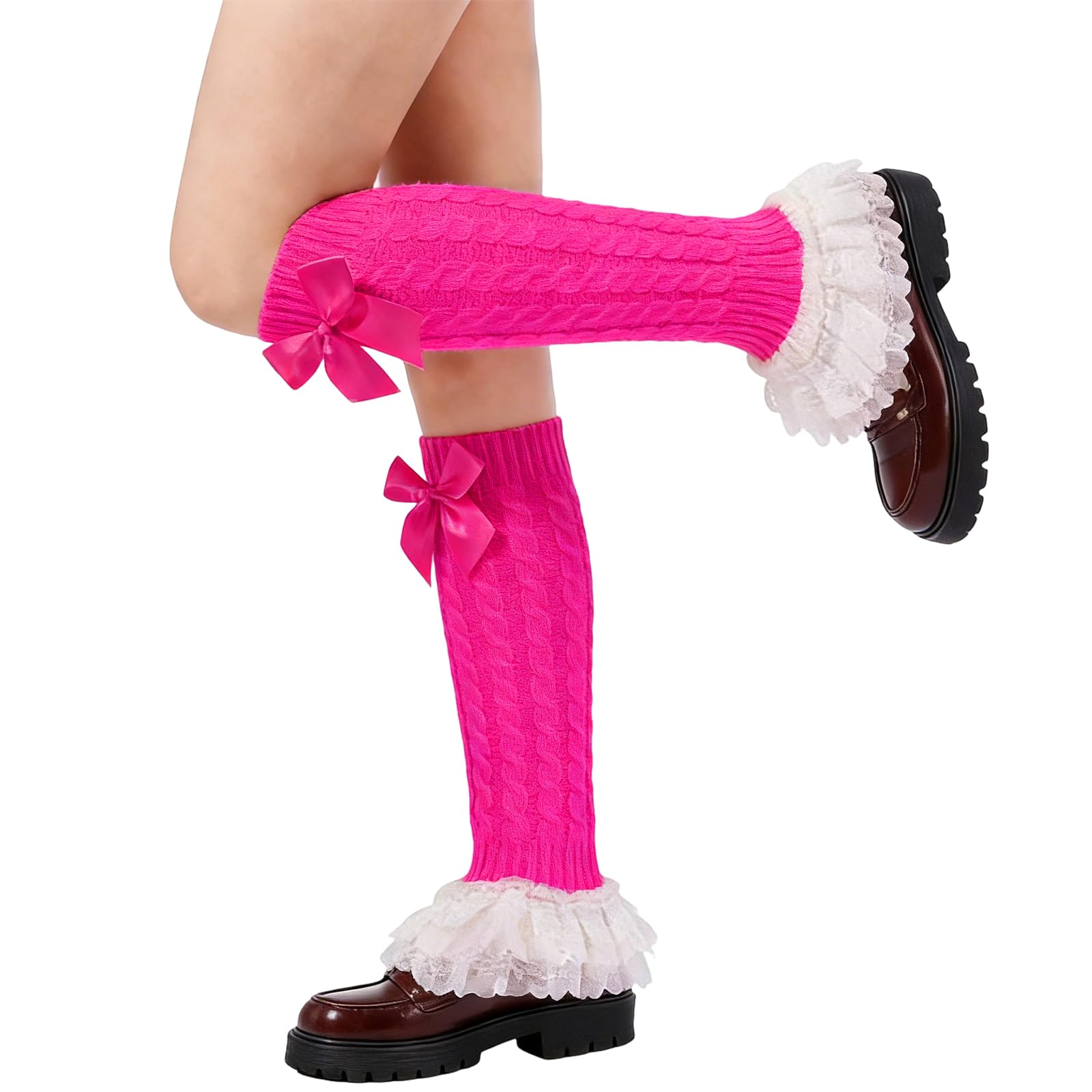Women's Y2k Leg Warmers Lace and Bow - Hot Pink-Moon Wood