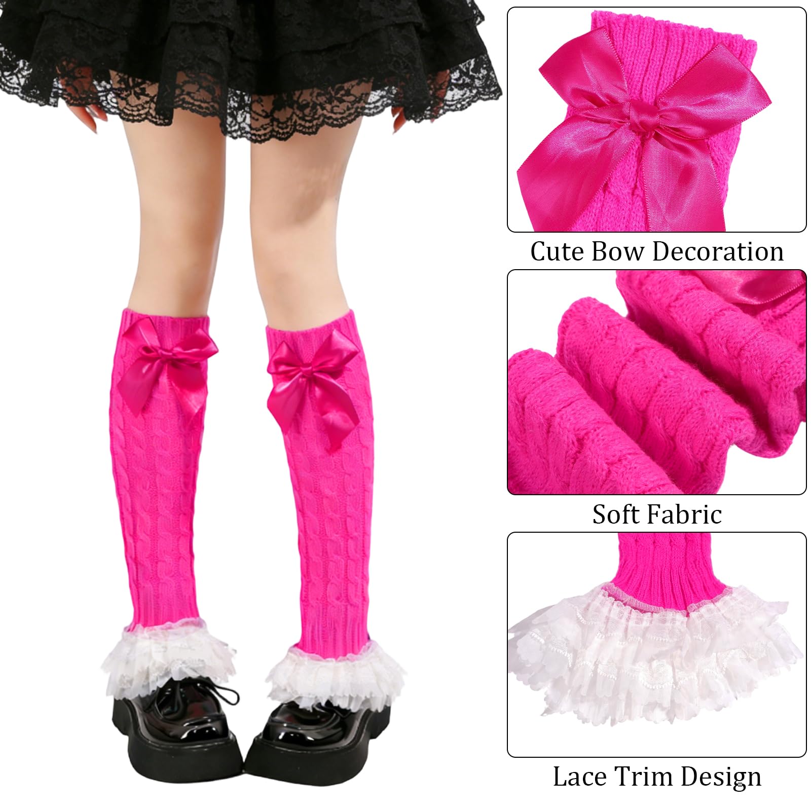 Women's Y2k Leg Warmers Lace and Bow - Hot Pink-Moon Wood