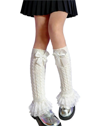 Women's Y2k Leg Warmers Lace and Bow - White-Moon Wood