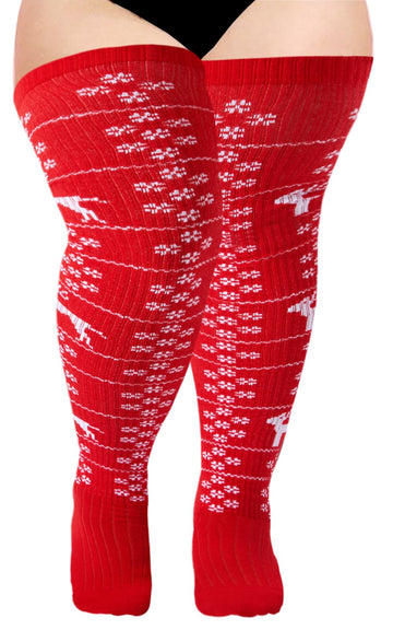 Womens Knit Cotton Extra Long Over the Knee High Socks-Red & White