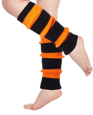 Womens Leg Warmers Neon Knitted for 80s Party Sports Yoga-Halloween black & Pumpkin