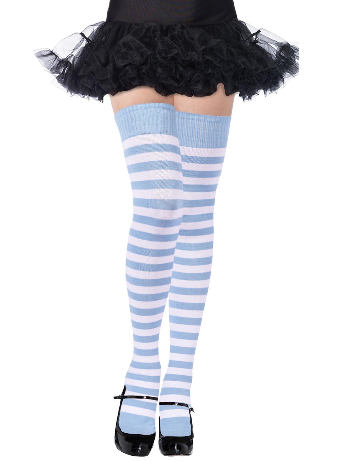 Womens Striped Thigh High Socks Extra Long Cotton Knit-Baby Blue & White-Moon Wood