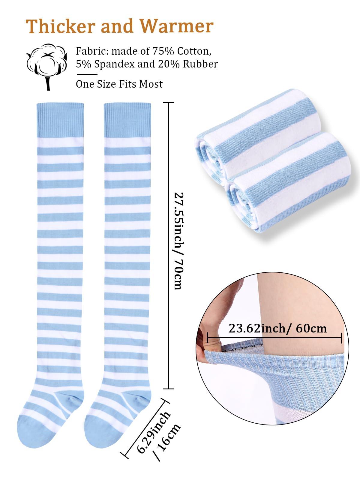 Womens Striped Thigh High Socks Extra Long Cotton Knit-Baby Blue & White-Moon Wood