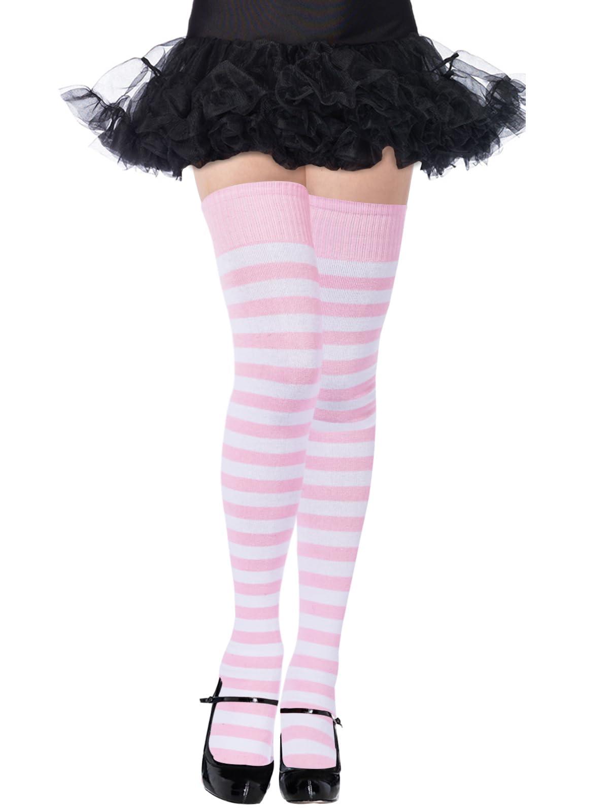 Womens Striped Thigh High Socks Extra Long Cotton Knit-Baby Pink & White-Moon Wood