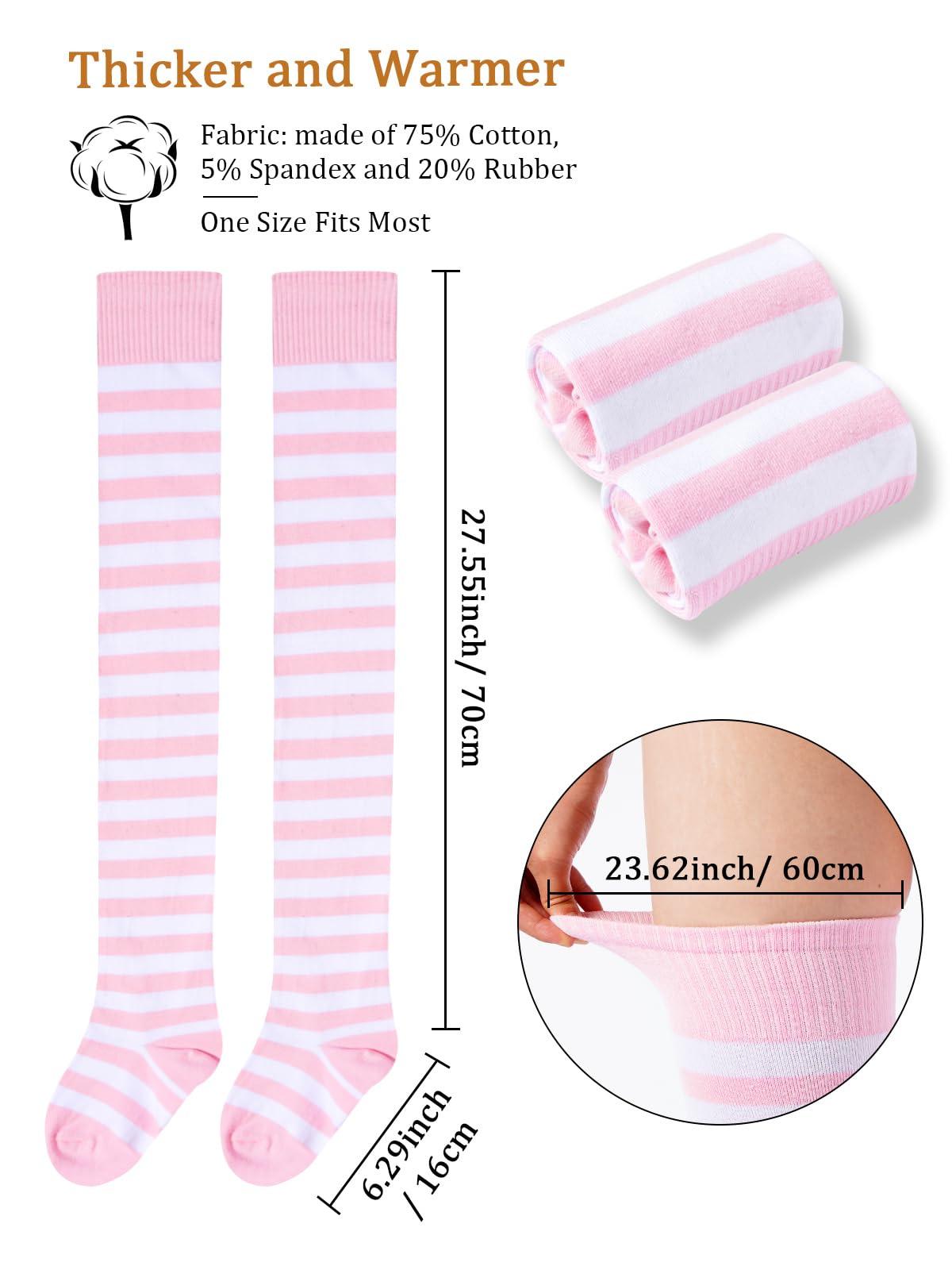 Womens Striped Thigh High Socks Extra Long Cotton Knit-Baby Pink & White-Moon Wood