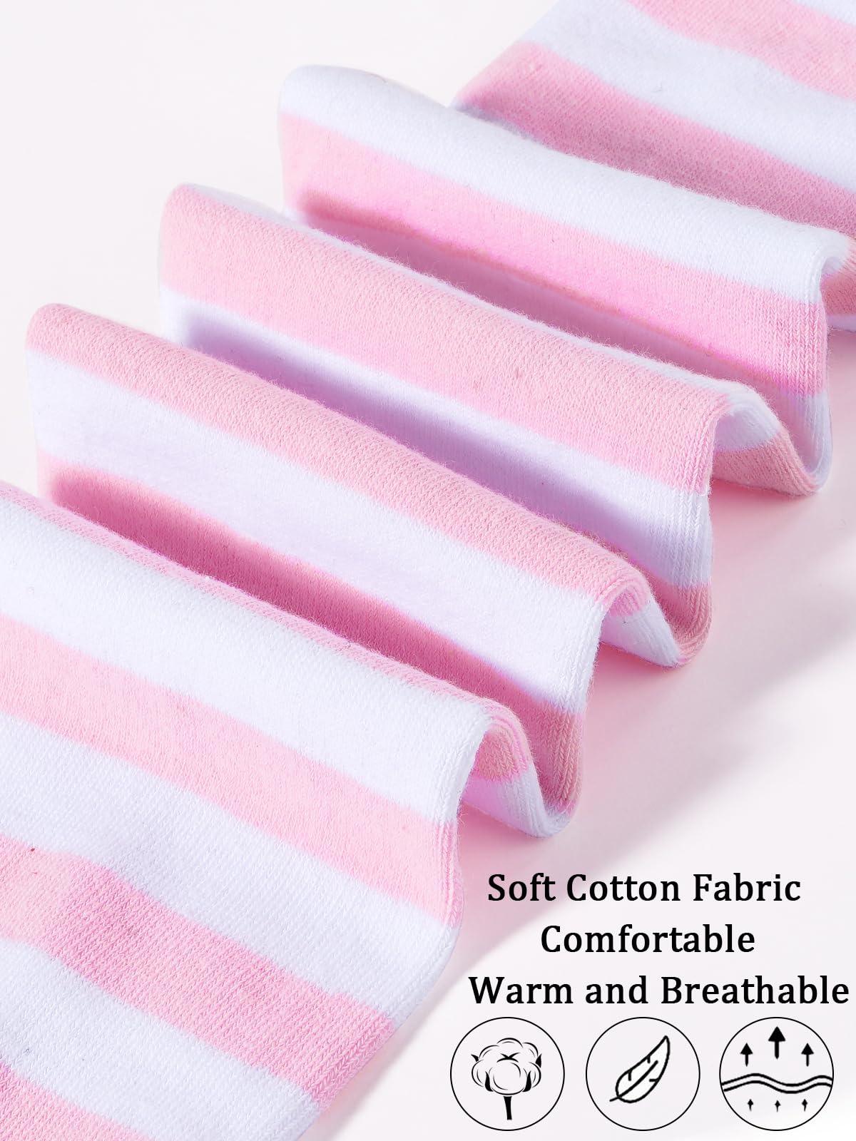 Womens Striped Thigh High Socks Extra Long Cotton Knit-Baby Pink & White-Moon Wood