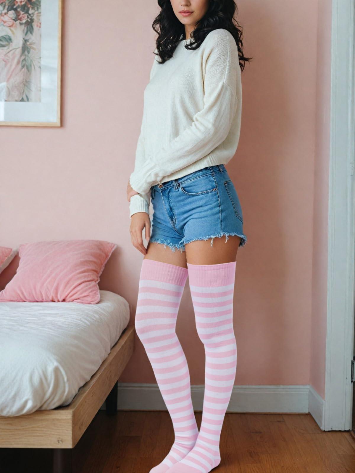 Womens Striped Thigh High Socks Extra Long Cotton Knit-Baby Pink & White-Moon Wood