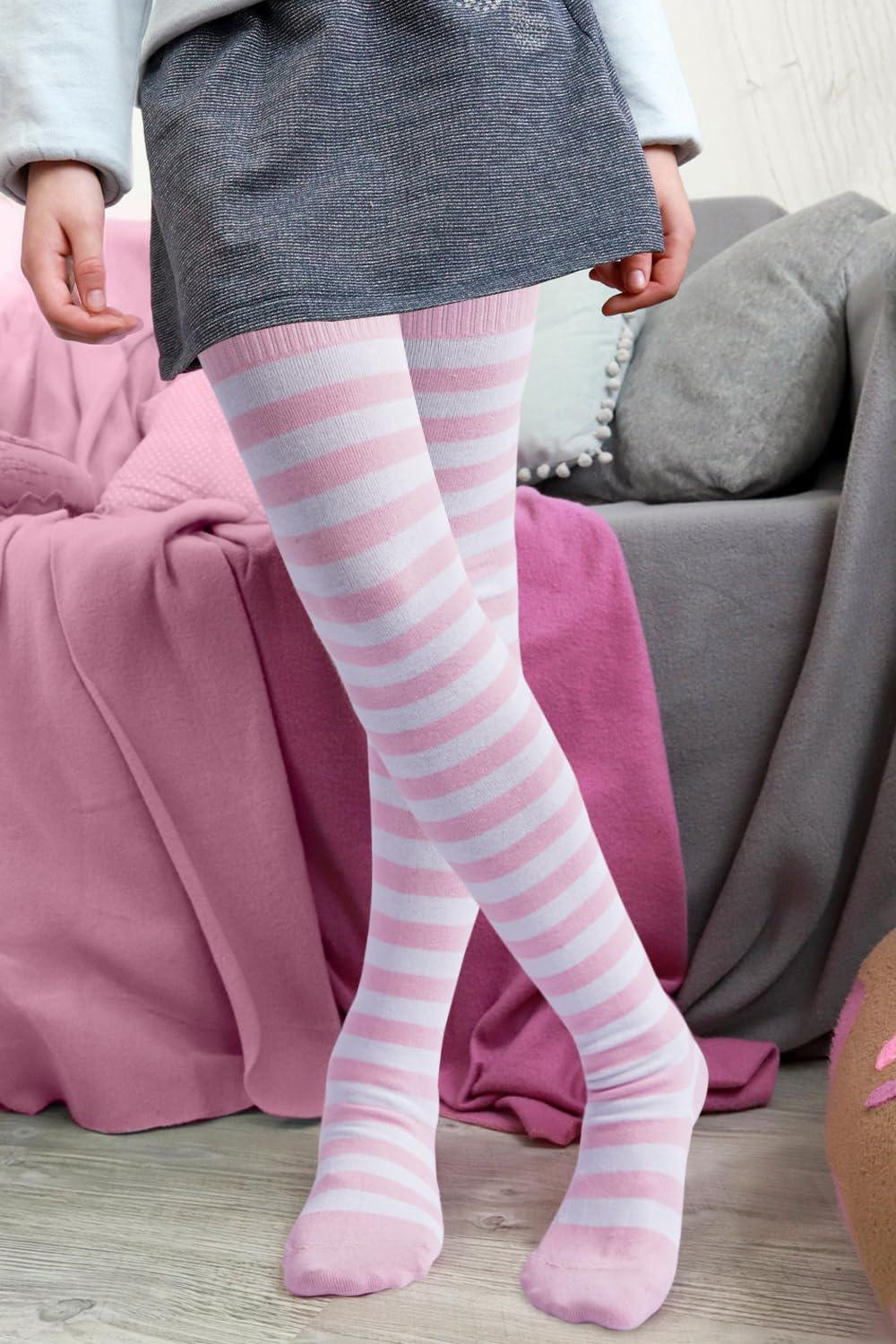 Womens Striped Thigh High Socks Extra Long Cotton Knit-Baby Pink & White-Moon Wood