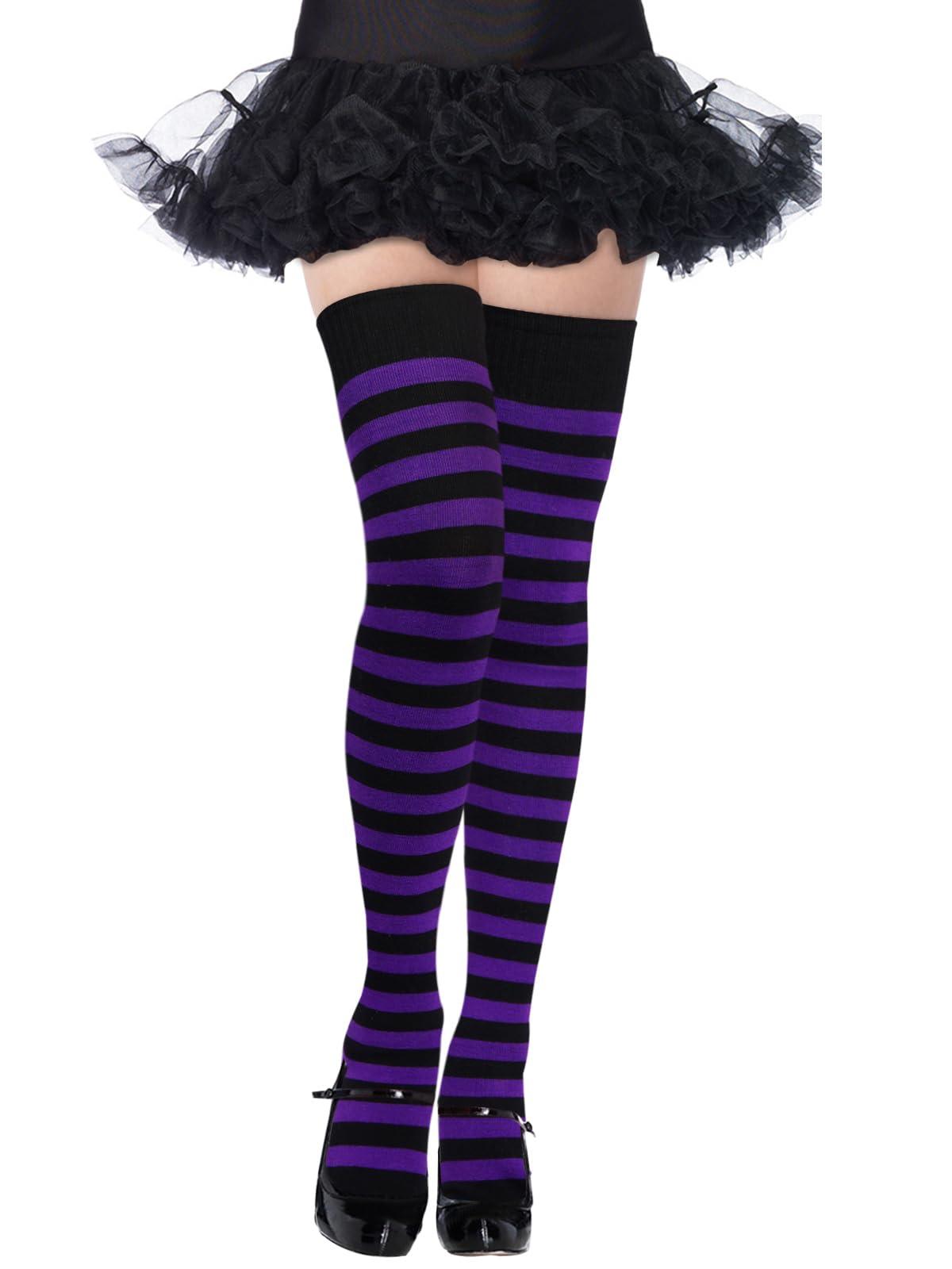 Womens Striped Thigh High Socks Extra Long Cotton Knit-Black & Purple-Moon Wood