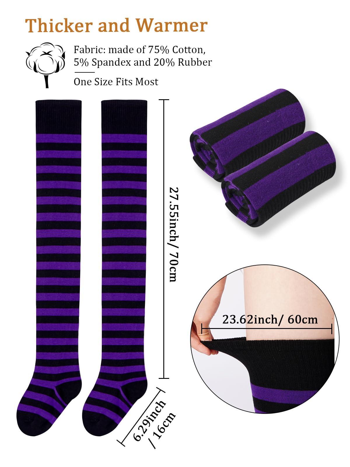 Womens Striped Thigh High Socks Extra Long Cotton Knit-Black & Purple-Moon Wood