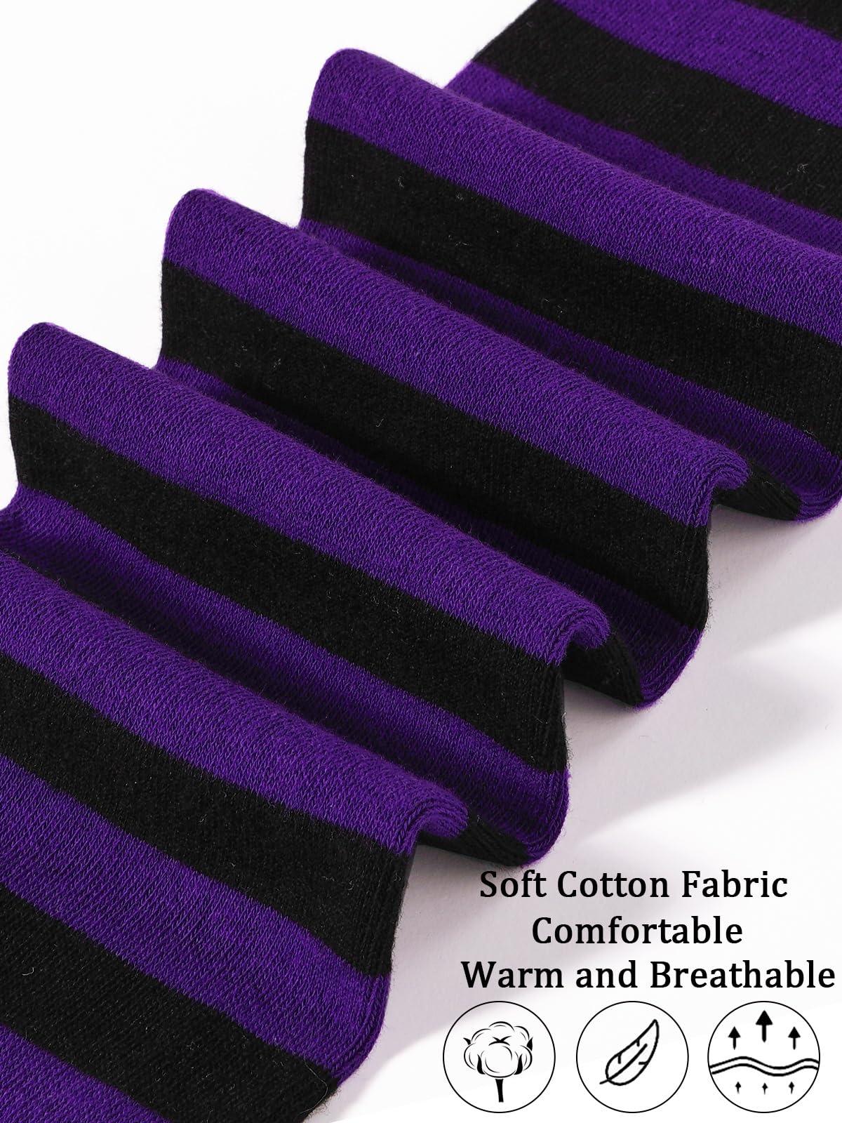 Womens Striped Thigh High Socks Extra Long Cotton Knit-Black & Purple-Moon Wood