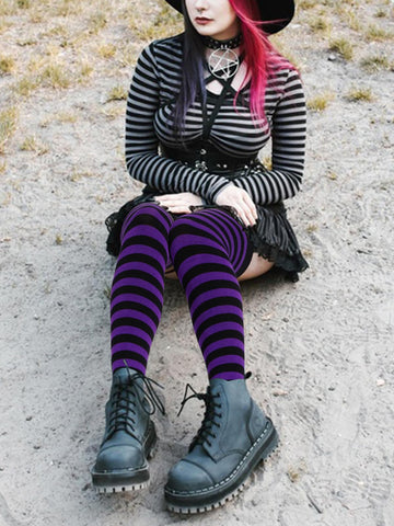 Womens Striped Thigh High Socks Extra Long Cotton Knit-Black & Purple