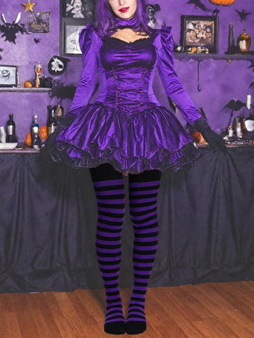 Womens striped thigh-high socks with dark purple-and-black horizontal stripes.