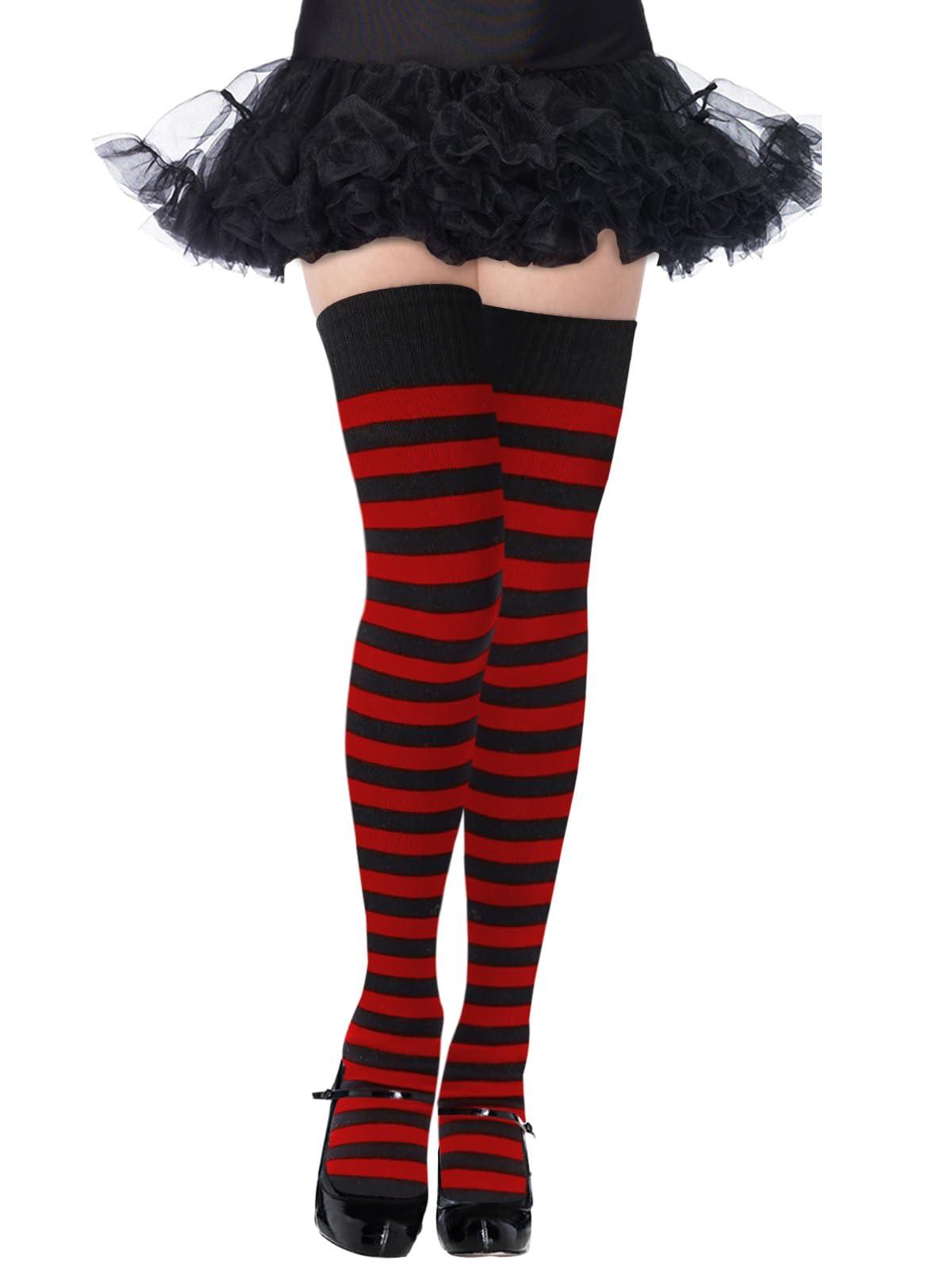 Womens Striped Thigh High Socks Extra Long Cotton Knit-Black & Red-Moon Wood