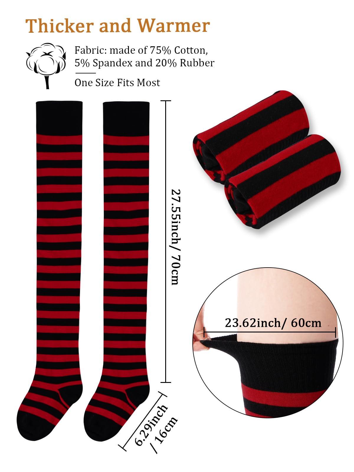 Womens Striped Thigh High Socks Extra Long Cotton Knit-Black & Red-Moon Wood