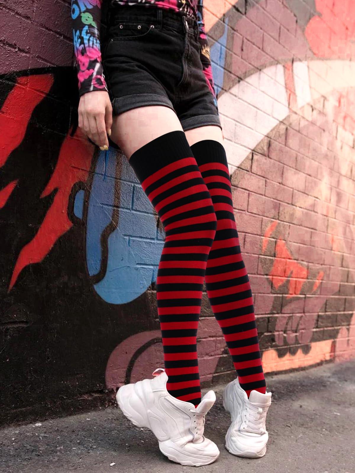 Womens Striped Thigh High Socks Extra Long Cotton Knit Moon Wood