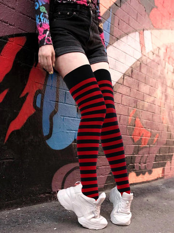 Womens Striped Thigh High Socks Extra Long Cotton Knit-Black & Red