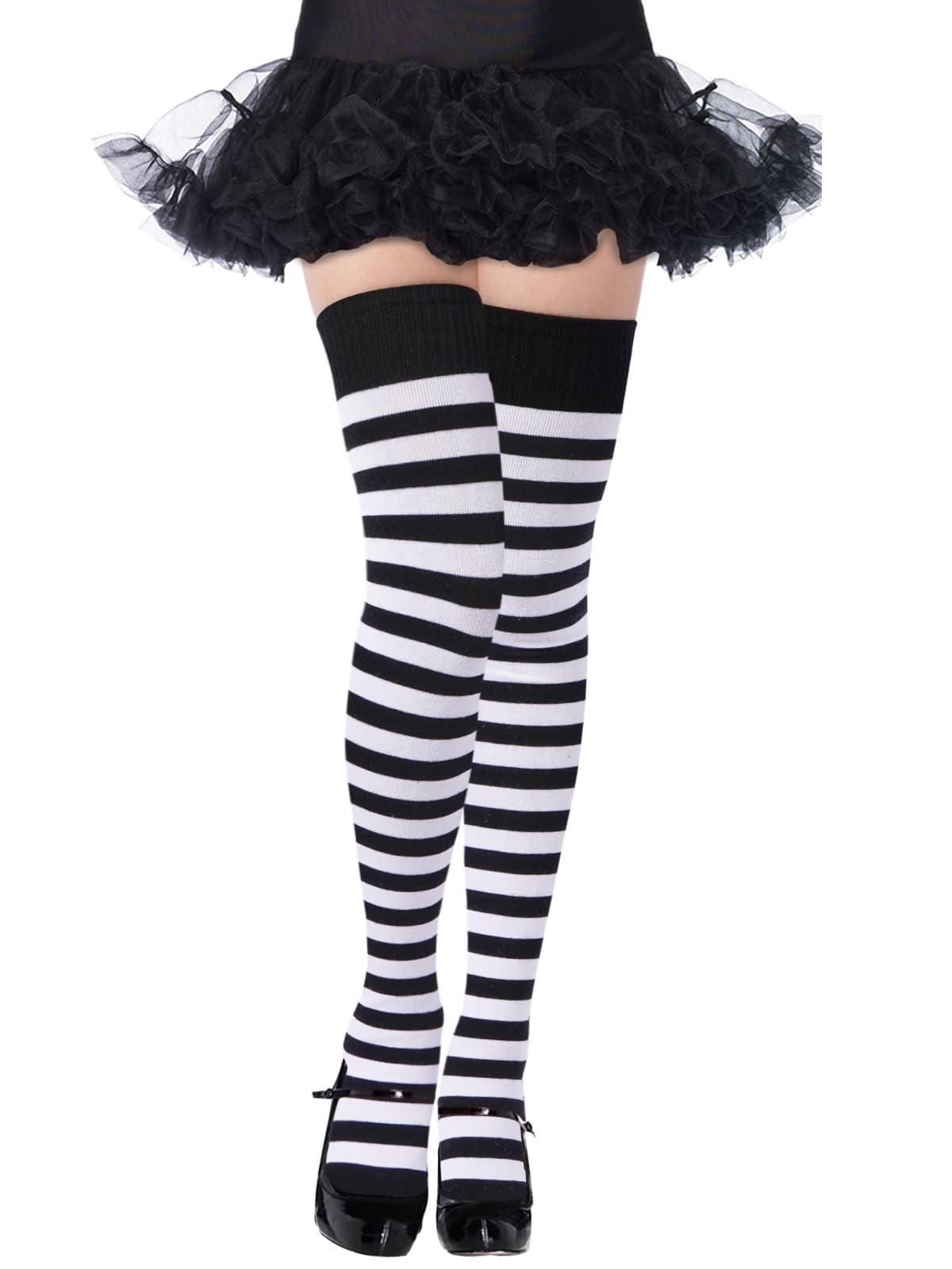 Womens Striped Thigh High Socks Extra Long Cotton Knit-Black & White-Moon Wood