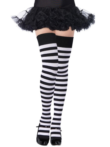 Womens Striped Thigh High Socks Extra Long Cotton Knit-Black & White