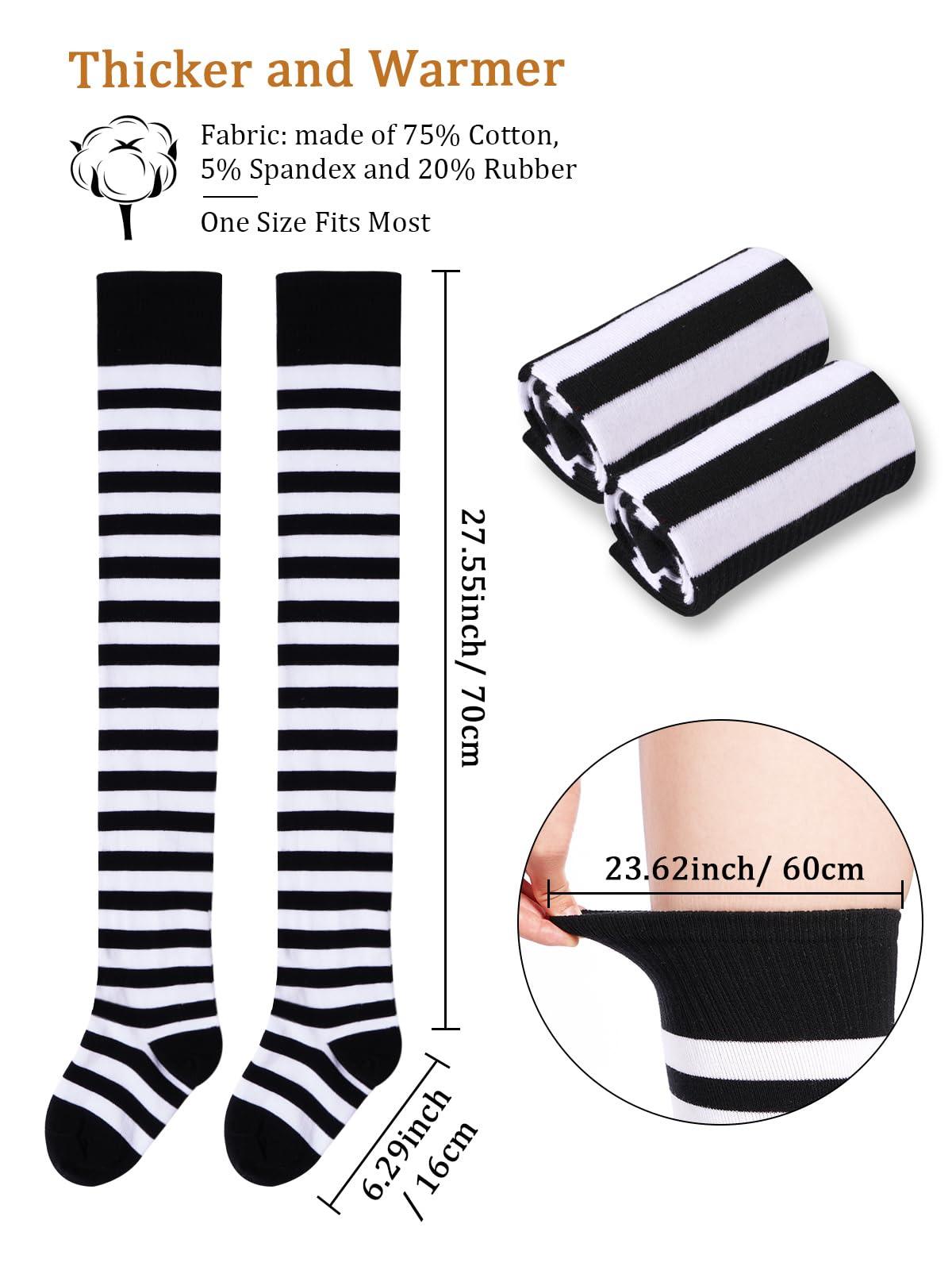 Womens Striped Thigh High Socks Extra Long Cotton Knit-Black & White-Moon Wood