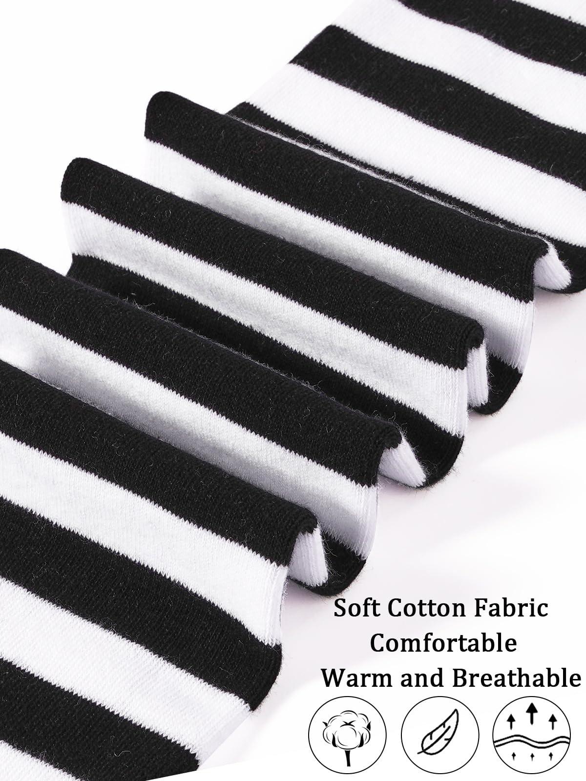 Womens Striped Thigh High Socks Extra Long Cotton Knit-Black & White-Moon Wood