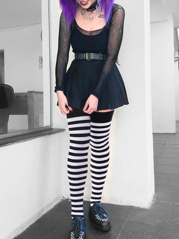 Womens Striped Thigh High Socks Extra Long Cotton Knit-Black & White