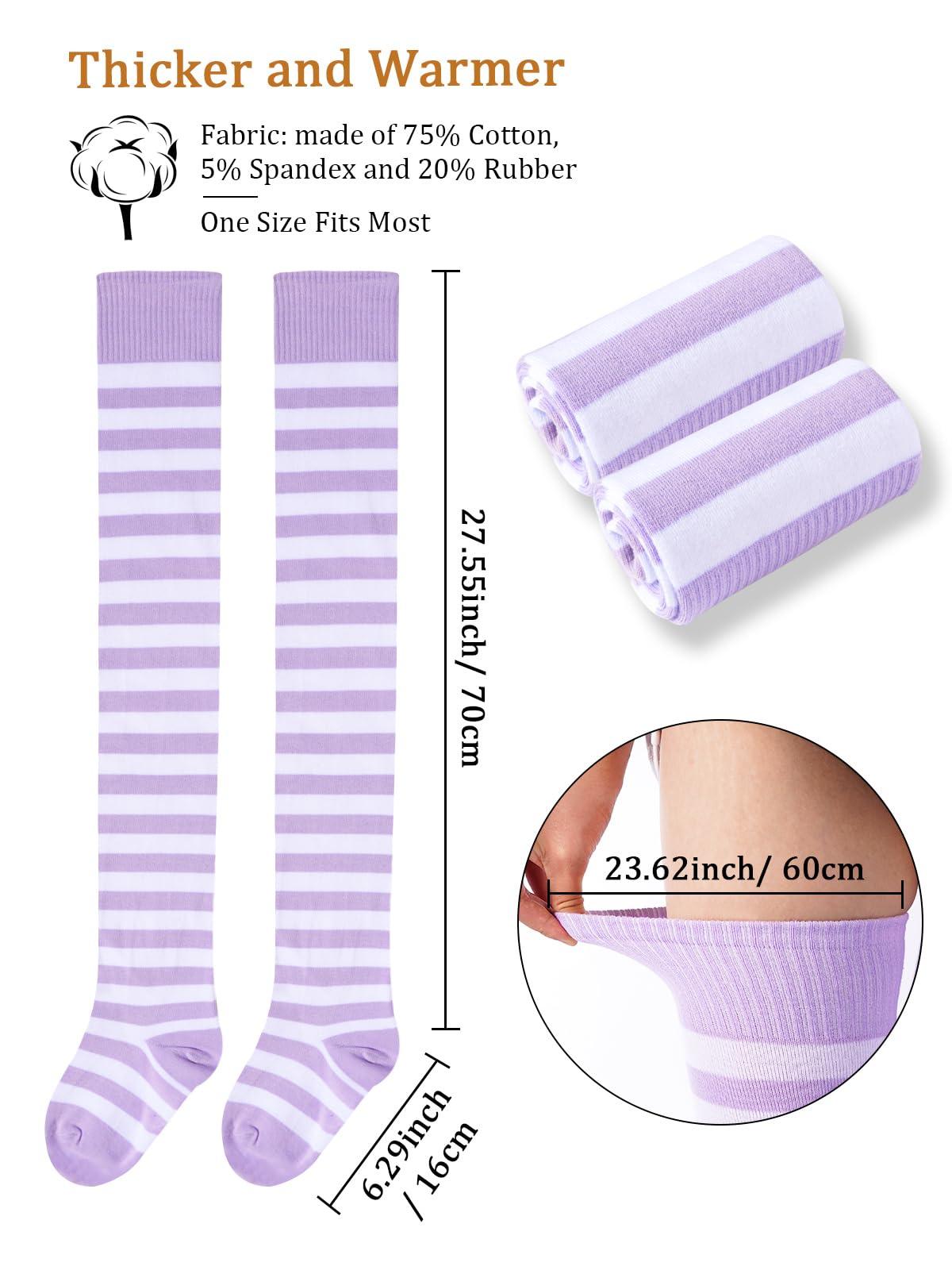 Womens Striped Thigh High Socks Extra Long Cotton Knit-Light Purple & White-Moon Wood