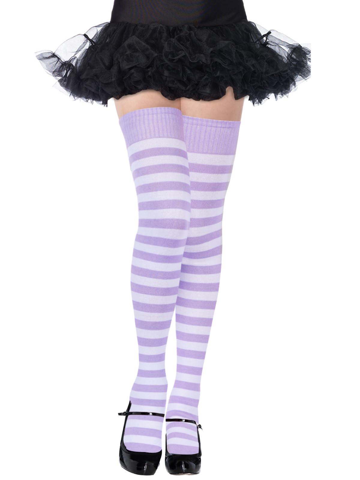 Womens Striped Thigh High Socks Extra Long Cotton Knit-Light Purple & White-Moon Wood