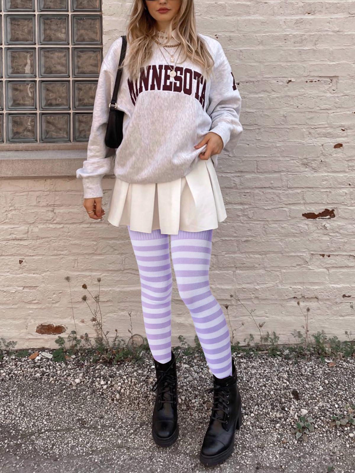 Womens Striped Thigh High Socks Extra Long Cotton Knit-Light Purple & White-Moon Wood