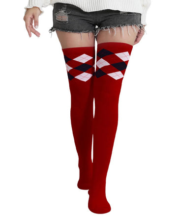 Women's Thigh High Socks Check - Wine Red