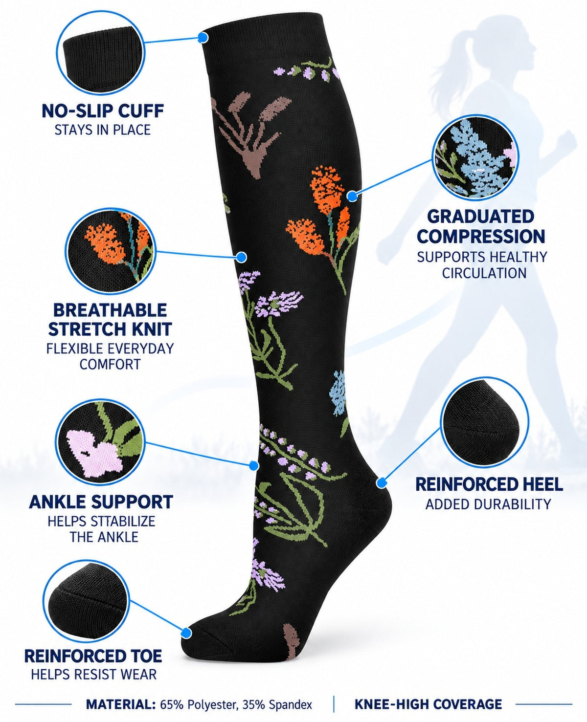 Patterned Compression Socks 6 Pair Set - Midnight Wildflower approved structure and function