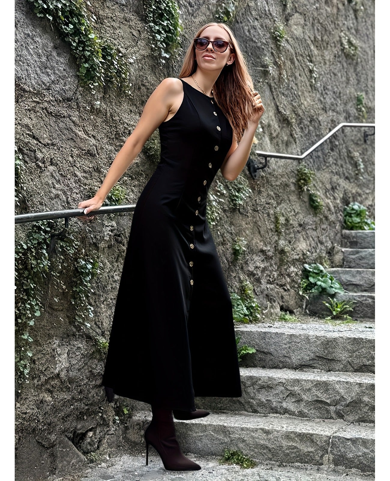 Bulk Black Sleeveless Button-Detail Long Dress 2 Pcs product image 1