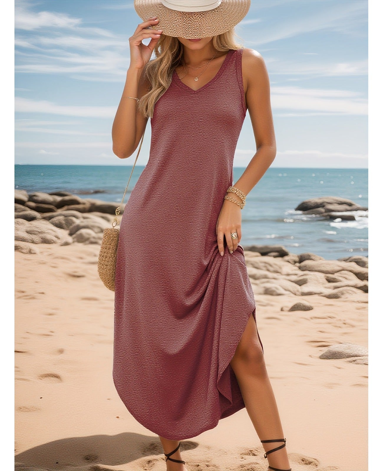 Bulk Burgundy V-Neck Sleeveless Long Dress 5 Pcs product image 1