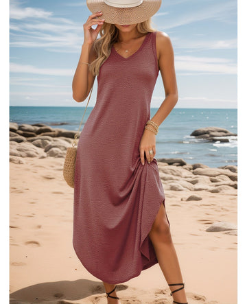 Bulk Burgundy V-Neck Sleeveless Long Dress 5 Pcs product image 1