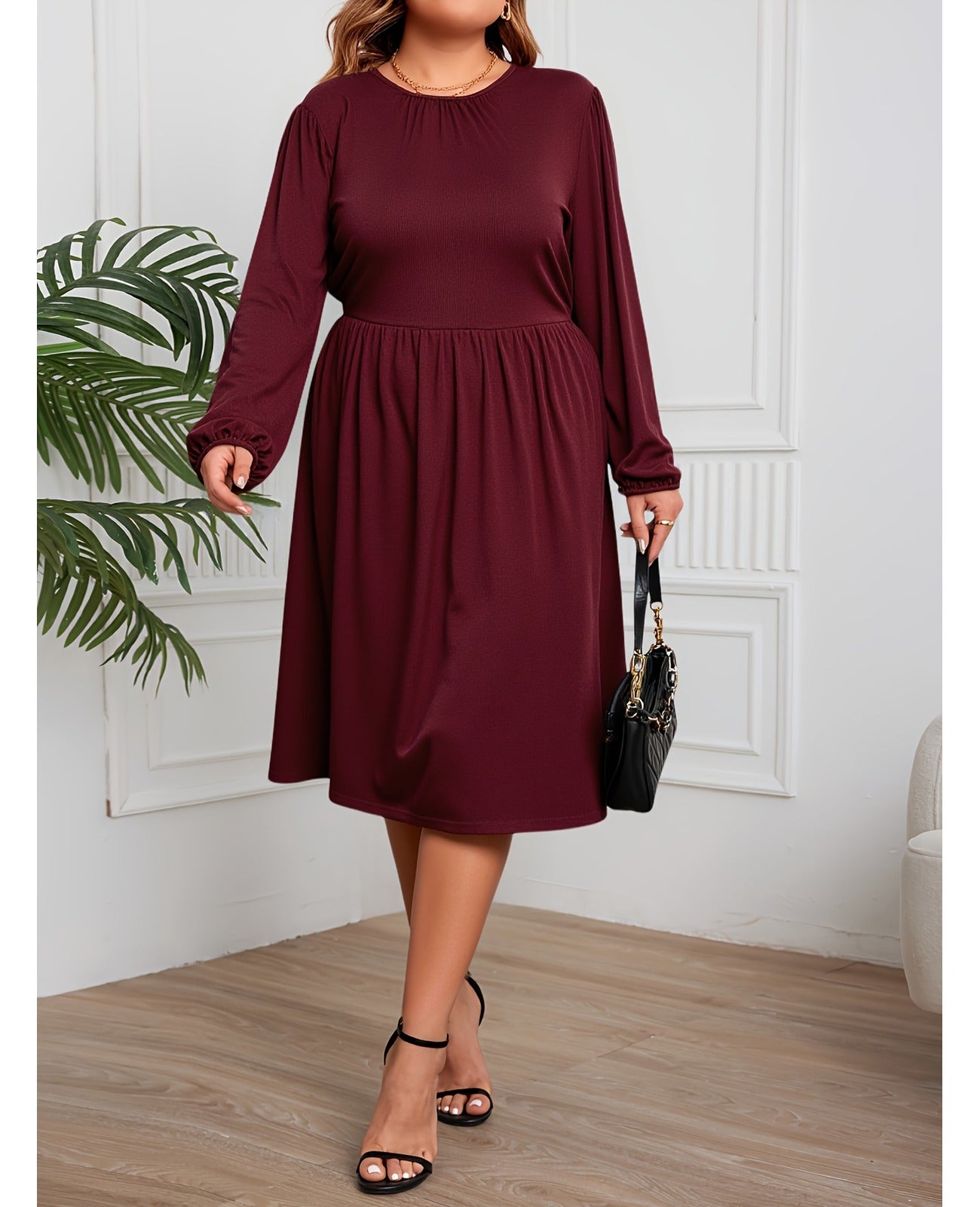 Bulk Deep Red Plus-Size Bubble-Sleeve Long Dress 13 Pcs product image 1