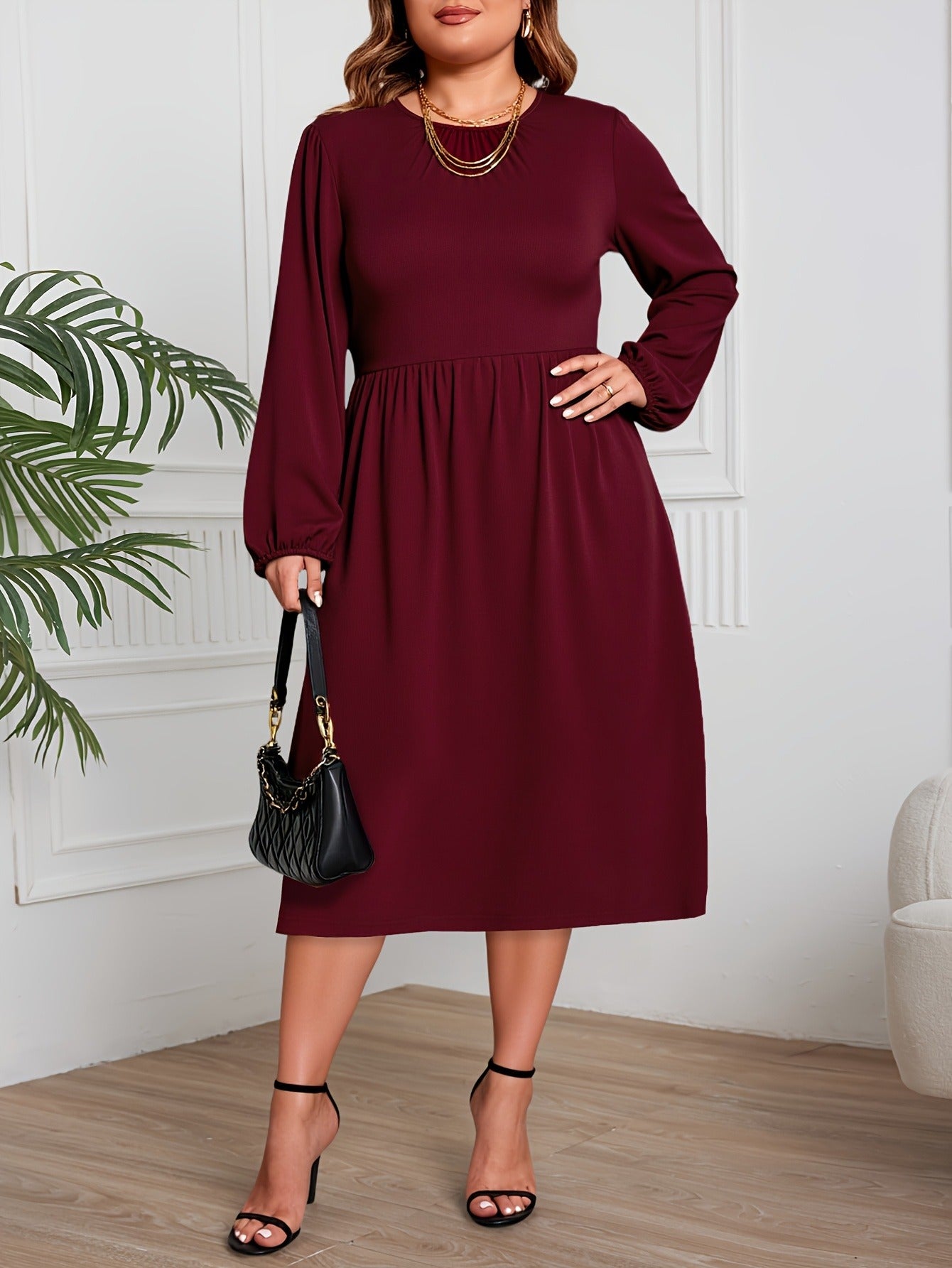 Bulk Deep Red Plus-Size Bubble-Sleeve Long Dress 13 Pcs product image 3