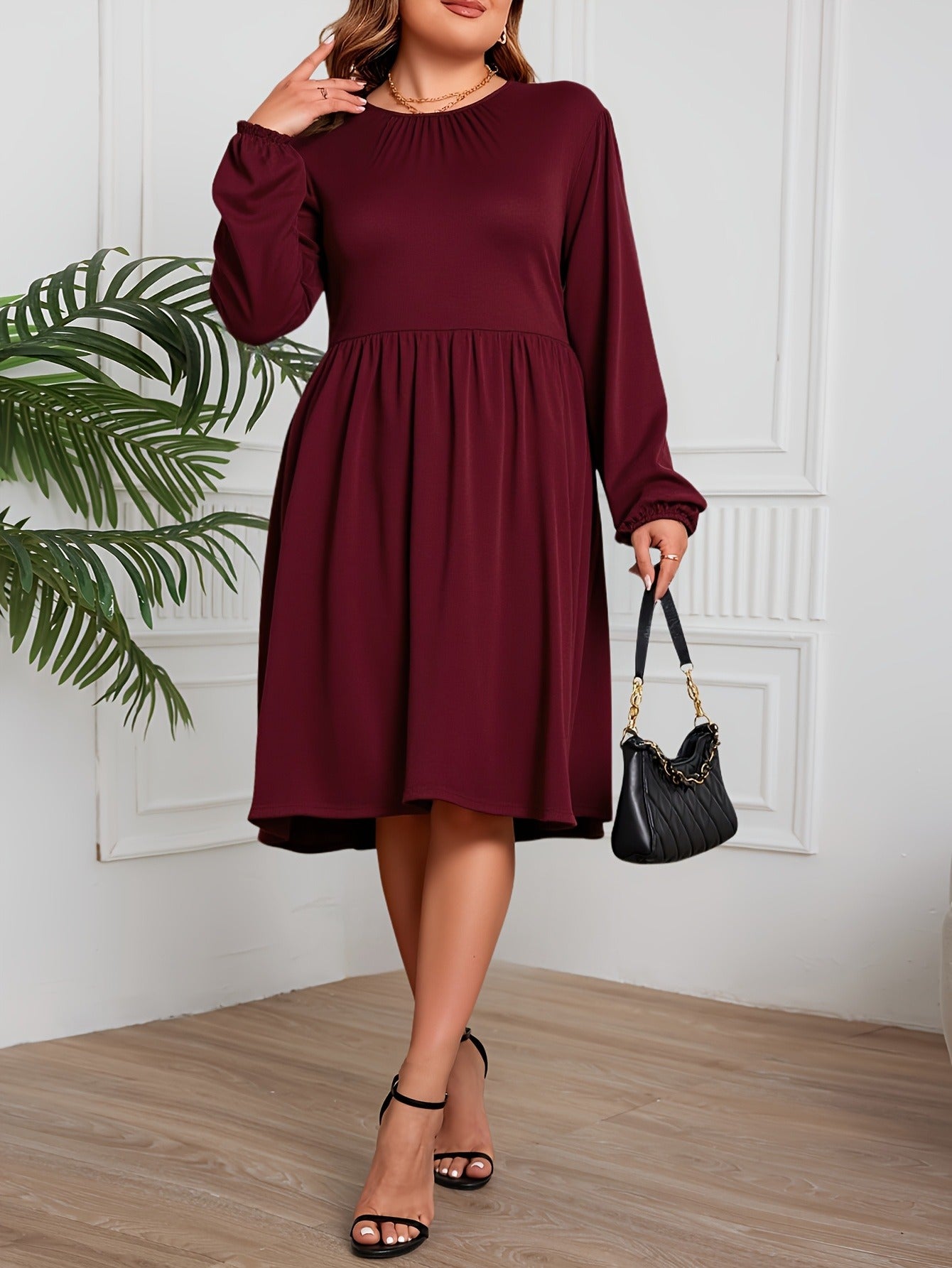 Bulk Deep Red Plus-Size Bubble-Sleeve Long Dress 13 Pcs product image 4