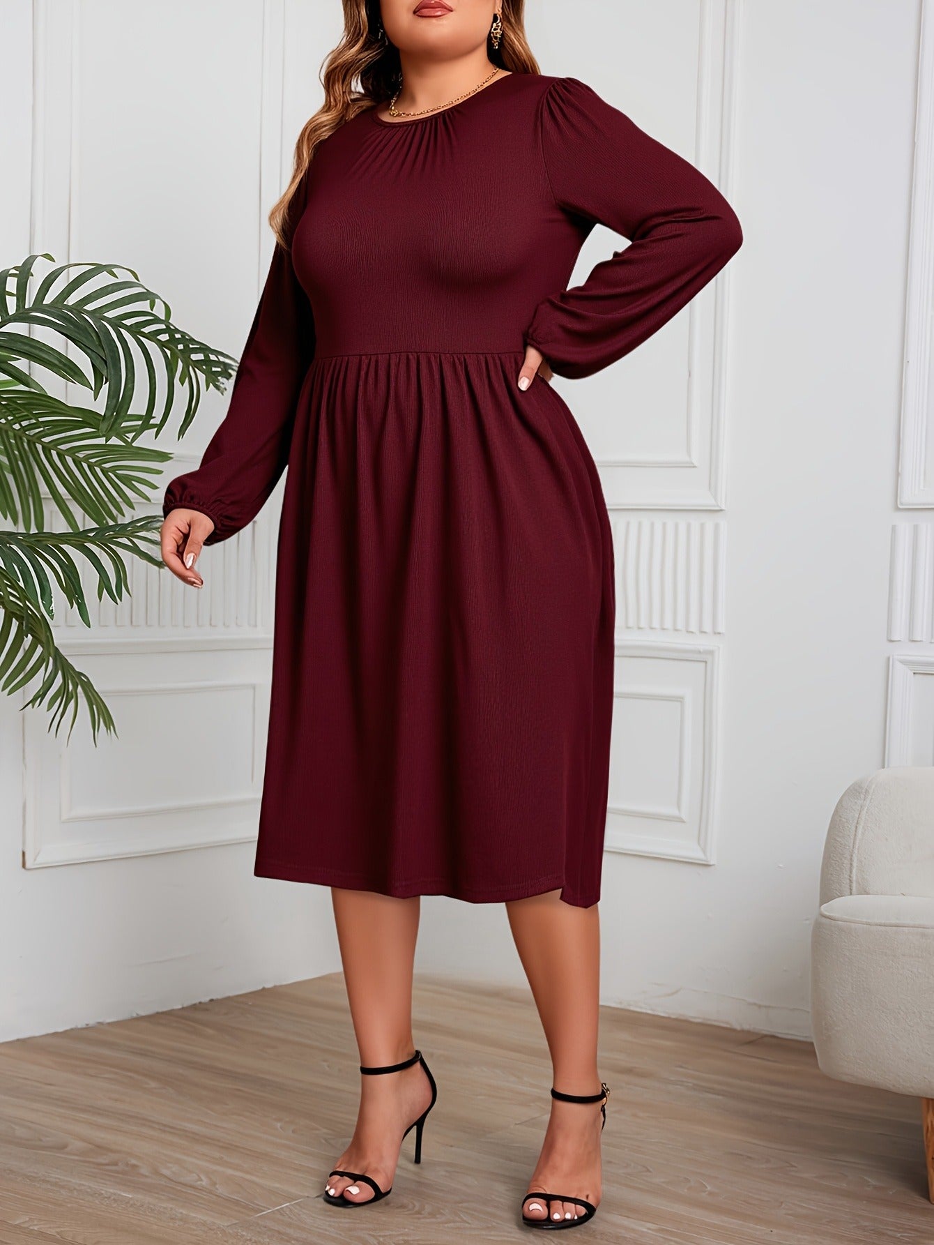 Bulk Deep Red Plus-Size Bubble-Sleeve Long Dress 13 Pcs product image 5