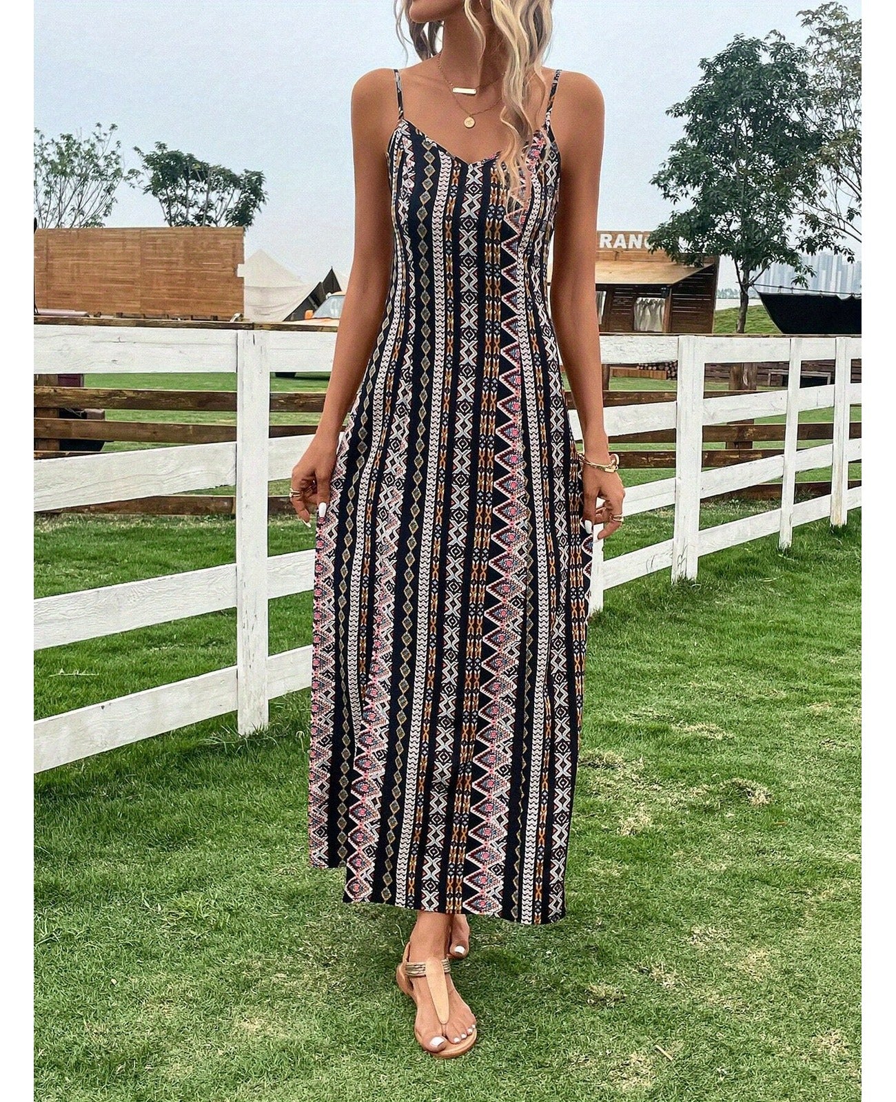 Bulk Geometric Print Spaghetti Strap Bohemian Maxi Dress 6 Pcs product image 1
