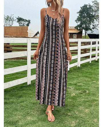 Bulk Geometric Print Spaghetti Strap Bohemian Maxi Dress 6 Pcs product image 1
