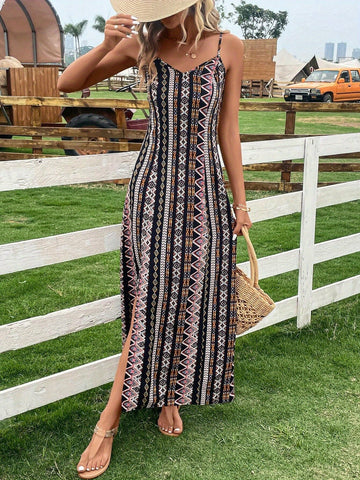 Bulk Geometric Print Spaghetti Strap Bohemian Maxi Dress 6 Pcs product image 2