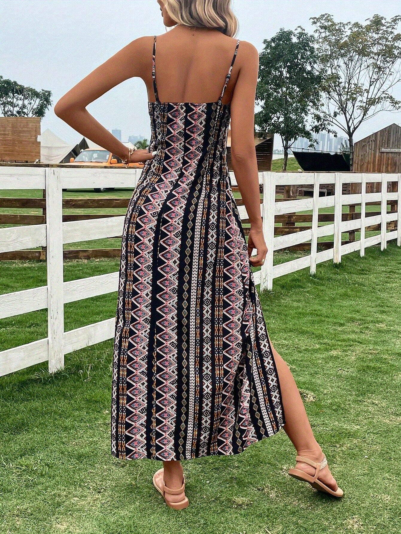 Bulk Geometric Print Spaghetti Strap Bohemian Maxi Dress 6 Pcs product image 3