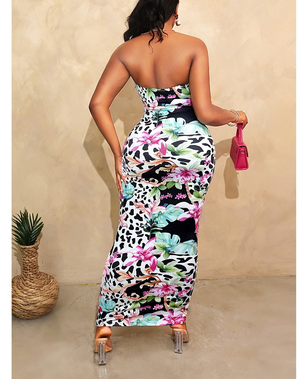 Bulk Pink Leopard Floral Backless Maxi Dress 5 Pcs product image 1