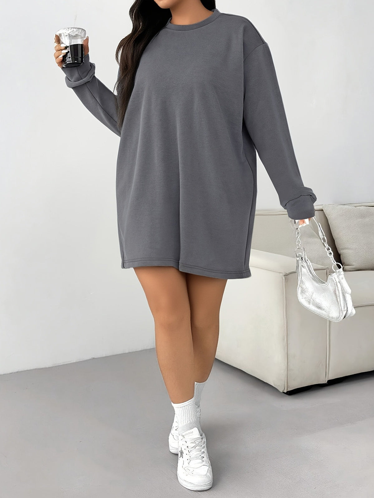 Bulk Plus Size Autumn Winter Casual Dress For Women Gray Crew Neck Long 45 Pcs product image 3